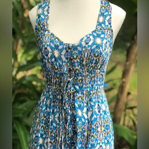 Tracy Reese Plenty Anthropologie Smocked Waist Maxi Ikat Bold Blue White XS